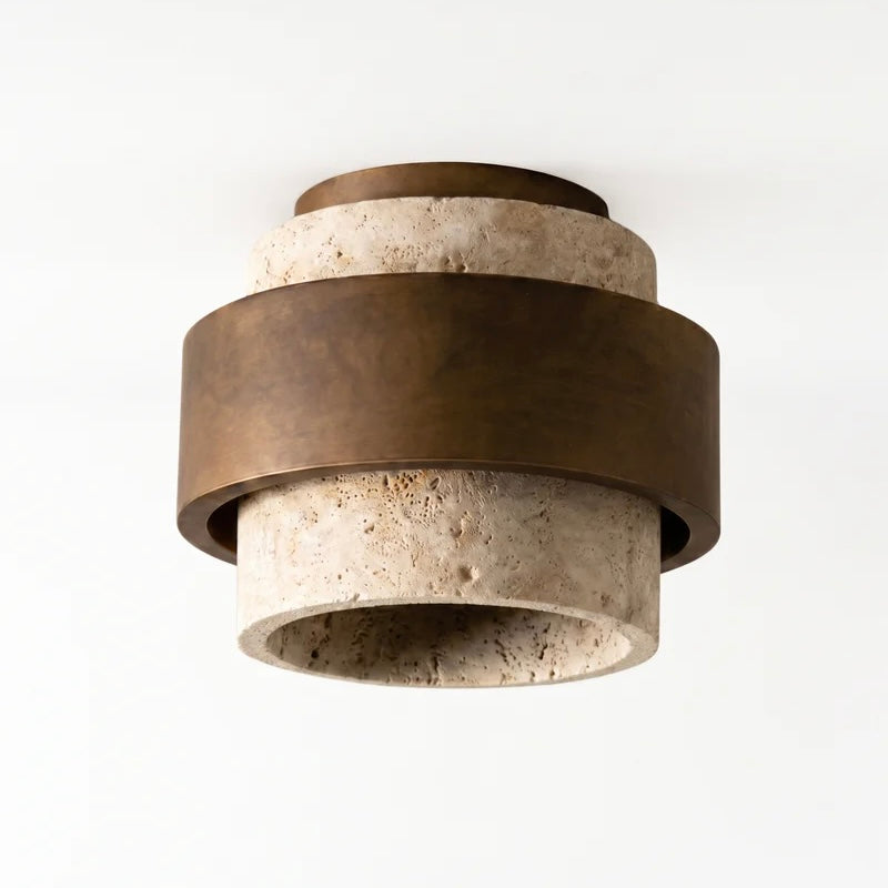 Travertine and Wood Ceiling Light with Compact Double Diffusion Design