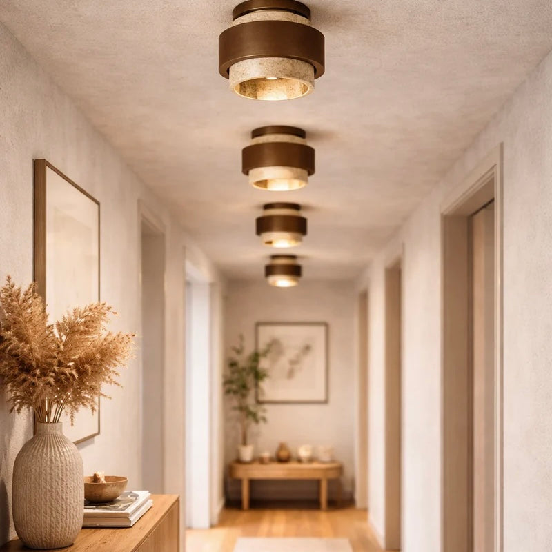 Travertine and Wood Ceiling Light with Compact Double Diffusion Design