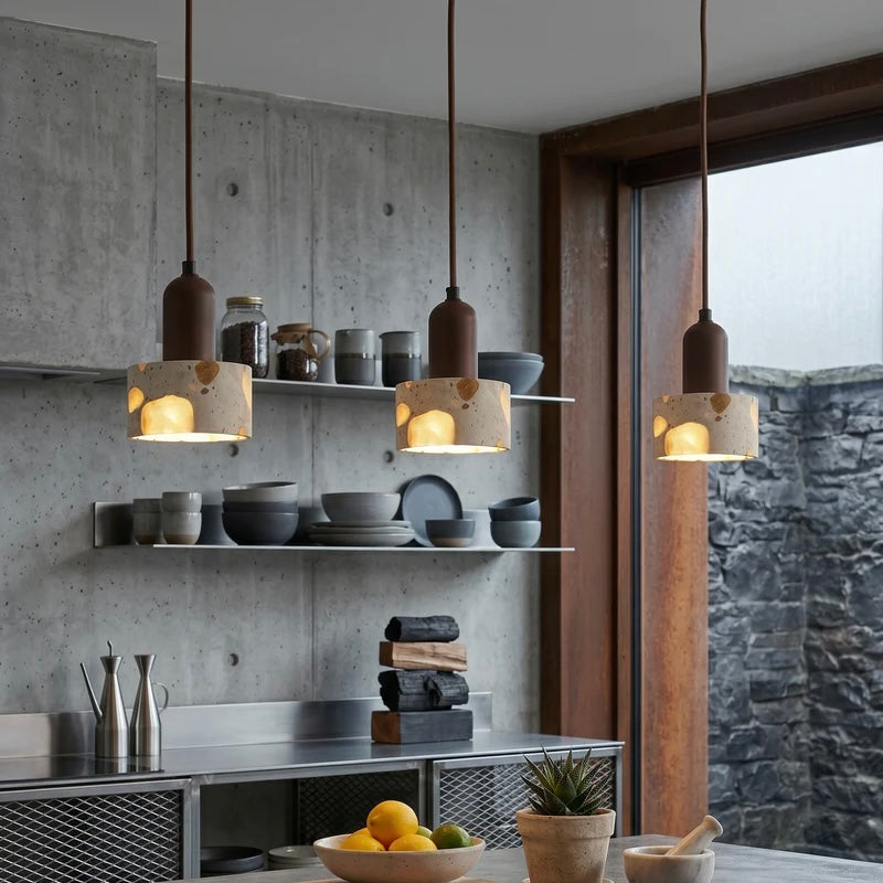 Terrazzo and Wood Pendant Light with Adjustable Ceiling Cable