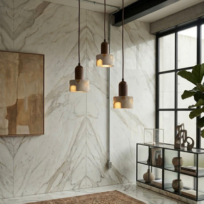Terrazzo and Wood Pendant Light with Adjustable Ceiling Cable