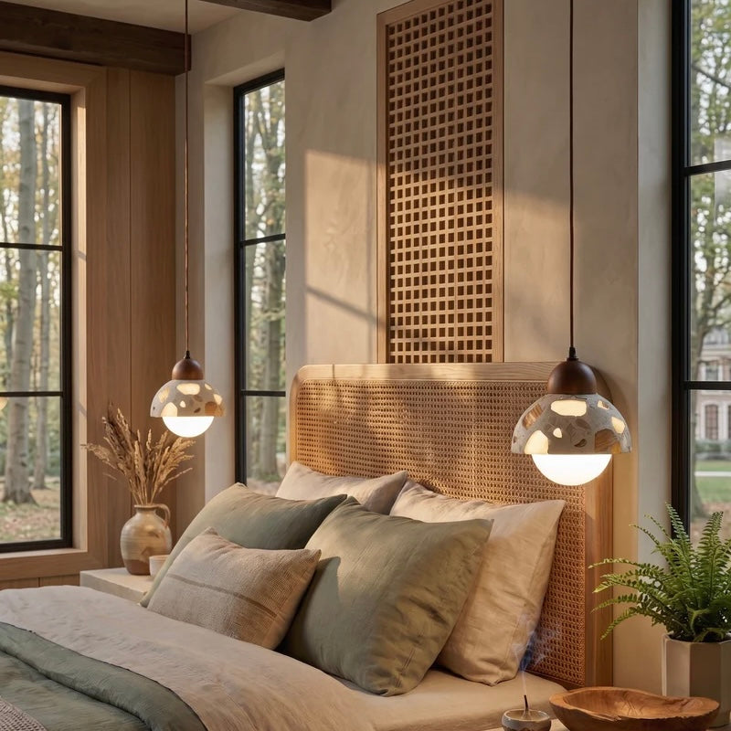 Terrazzo and Wood Pendant Light with Adjustable Ceiling Cable