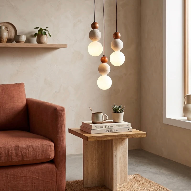 Sculptural Suspension Light with Wood, Stone, and Frosted Glass