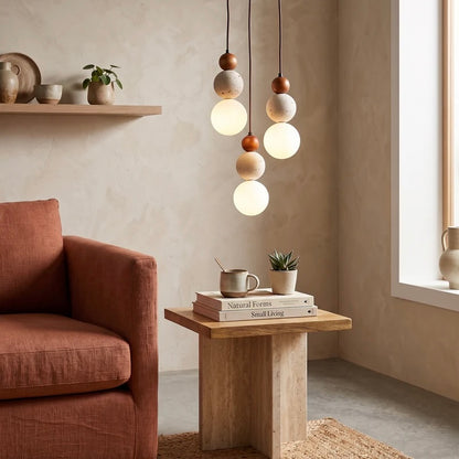 Sculptural Suspension Light with Wood, Stone, and Frosted Glass