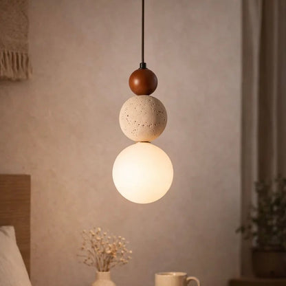 Sculptural Suspension Light with Wood, Stone, and Frosted Glass