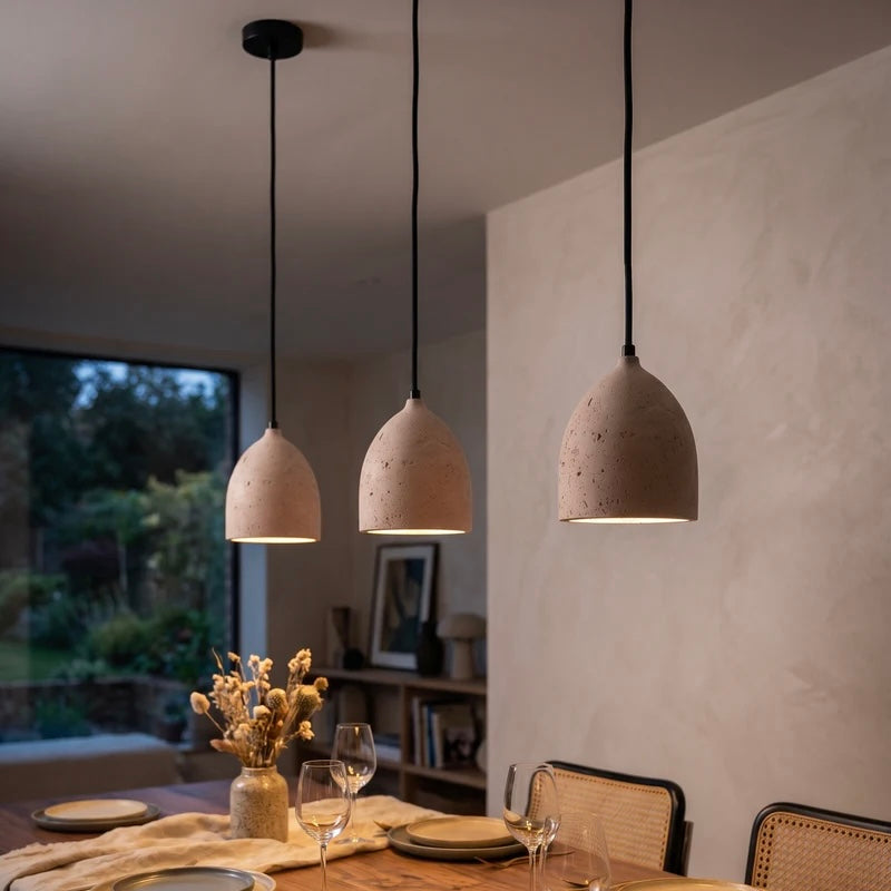 Travertine pendant light with solid wood accent