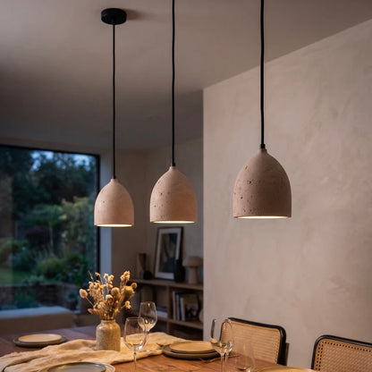 Travertine pendant light with solid wood accent