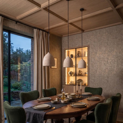 Travertine pendant light with solid wood accent