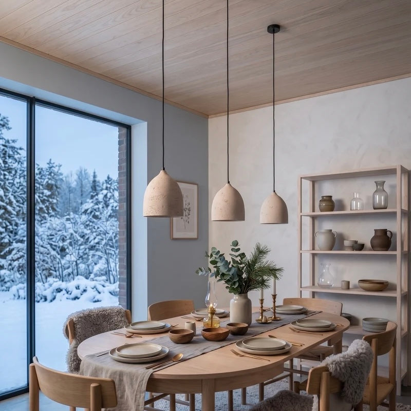Travertine pendant light with solid wood accent