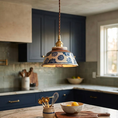 Ceramic Pendant Light with Hand Painted Finish and Warm LED Glow