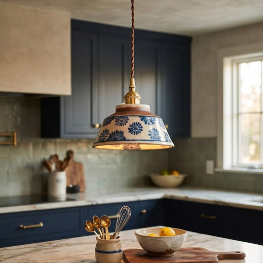 Ceramic Pendant Light with Hand Painted Finish and Warm LED Glow