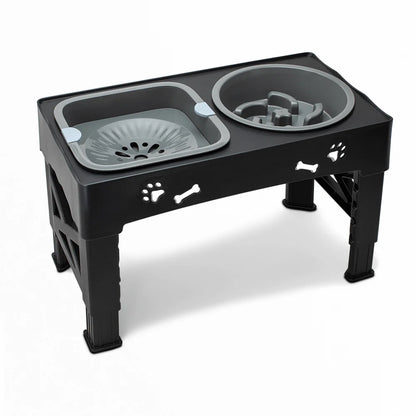 Adjustable Dog Bowl Stand with Slow Feeder and Water Bowl Set