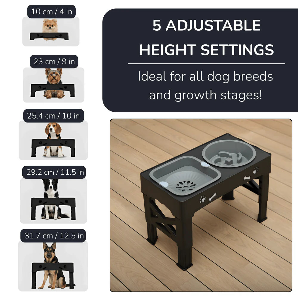 Adjustable Dog Bowl Stand with Slow Feeder and Water Bowl Set