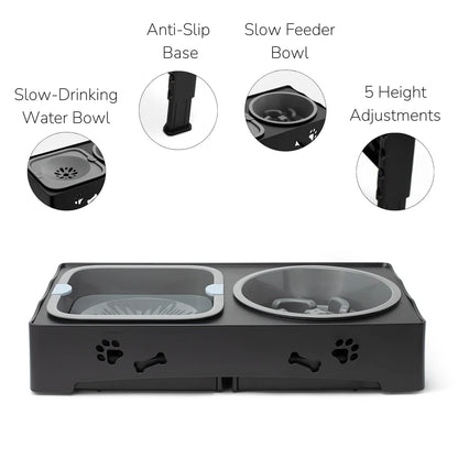 Adjustable Dog Bowl Stand with Slow Feeder and Water Bowl Set