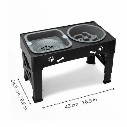 Adjustable Dog Bowl Stand with Slow Feeder and Water Bowl Set
