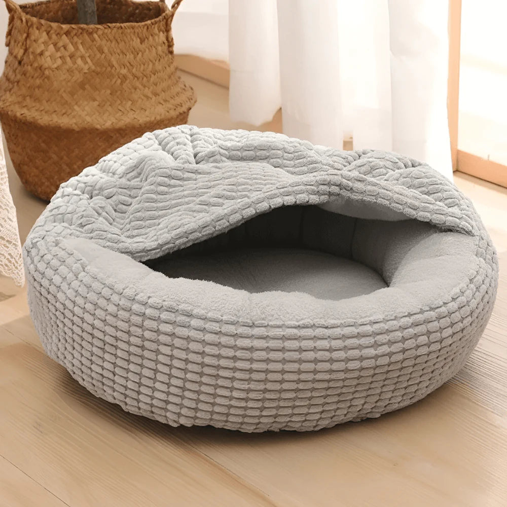 Pet Bed with Hooded Cover and Soft Fleece Interior for Indoor Use