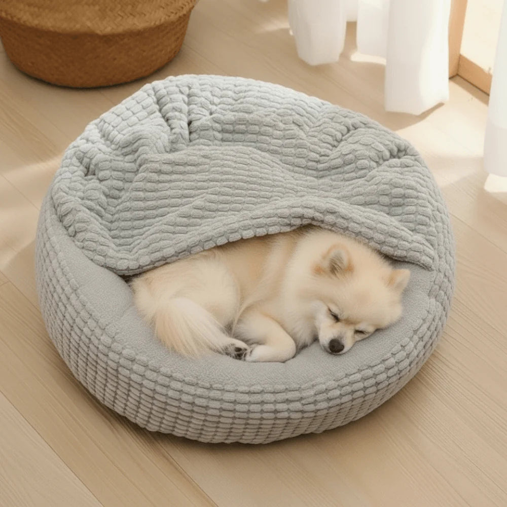 Pet Bed with Hooded Cover and Soft Fleece Interior for Indoor Use