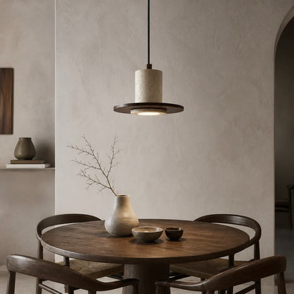 Travertine pendant light with wood trim