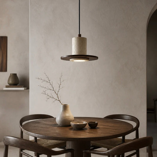 Travertine pendant light with wood trim