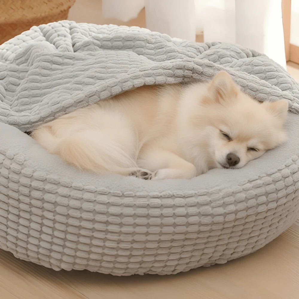 Pet Bed with Hooded Cover and Soft Fleece Interior for Indoor Use