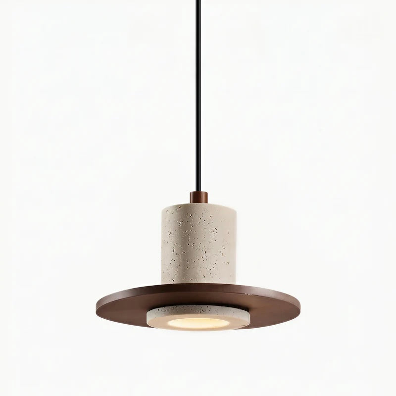 Travertine pendant light with wood trim