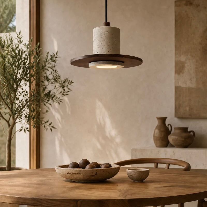 Travertine pendant light with wood trim