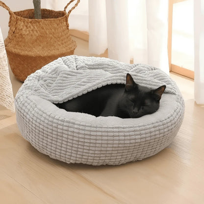 Pet Bed with Hooded Cover and Soft Fleece Interior for Indoor Use