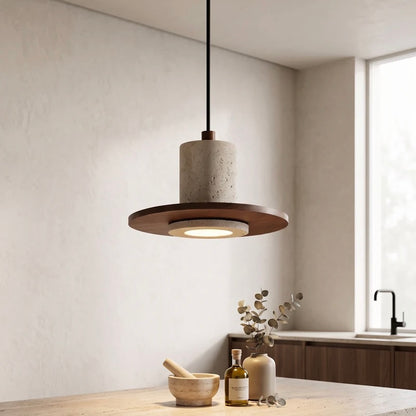 Travertine pendant light with wood trim