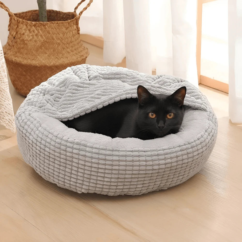 Pet Bed with Hooded Cover and Soft Fleece Interior for Indoor Use
