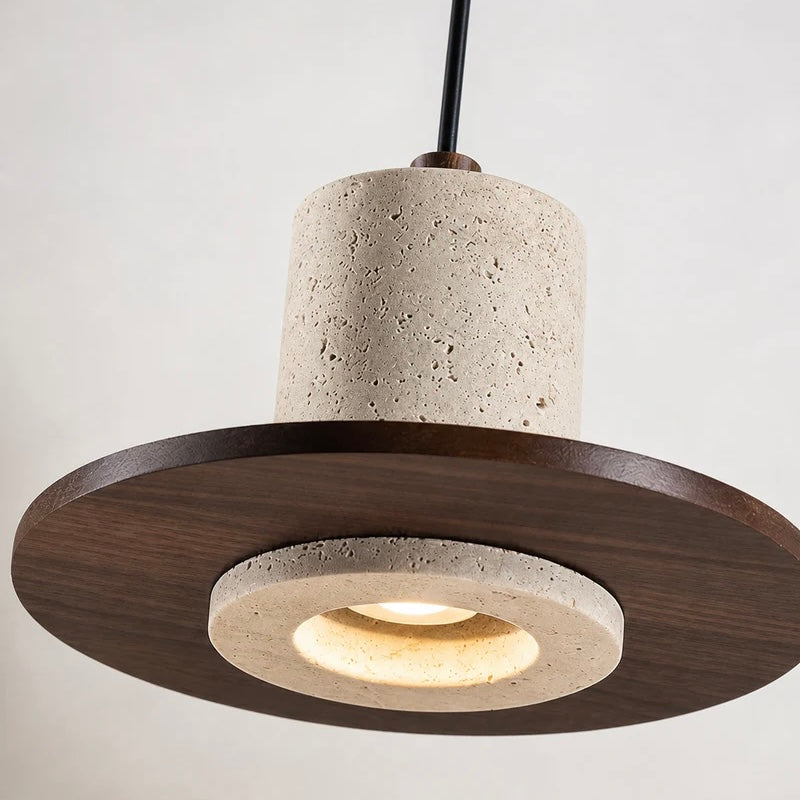 Travertine pendant light with wood trim