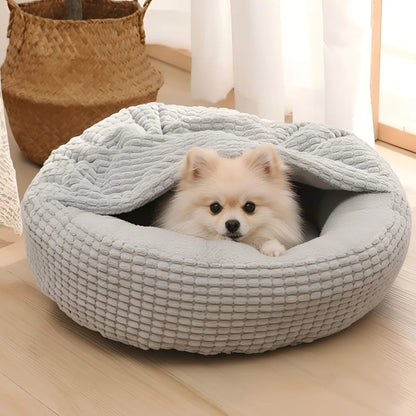 Pet Bed with Hooded Cover and Soft Fleece Interior for Indoor Use