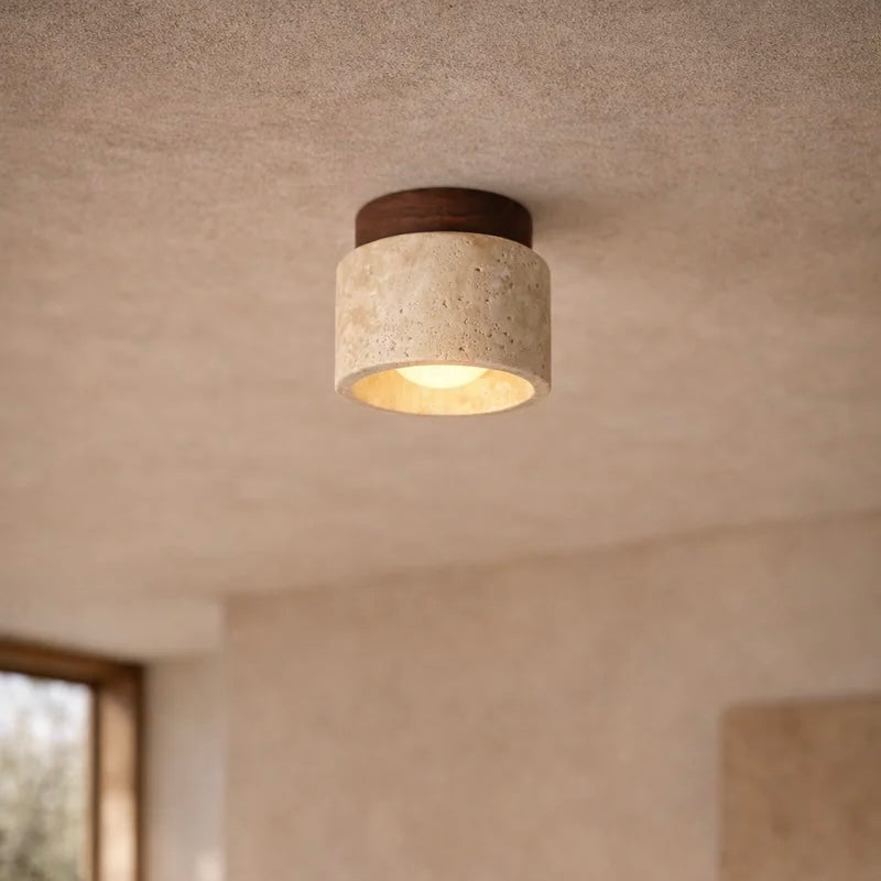 Travertine Stone Ceiling Light with Wood Accent for Indoor Spaces