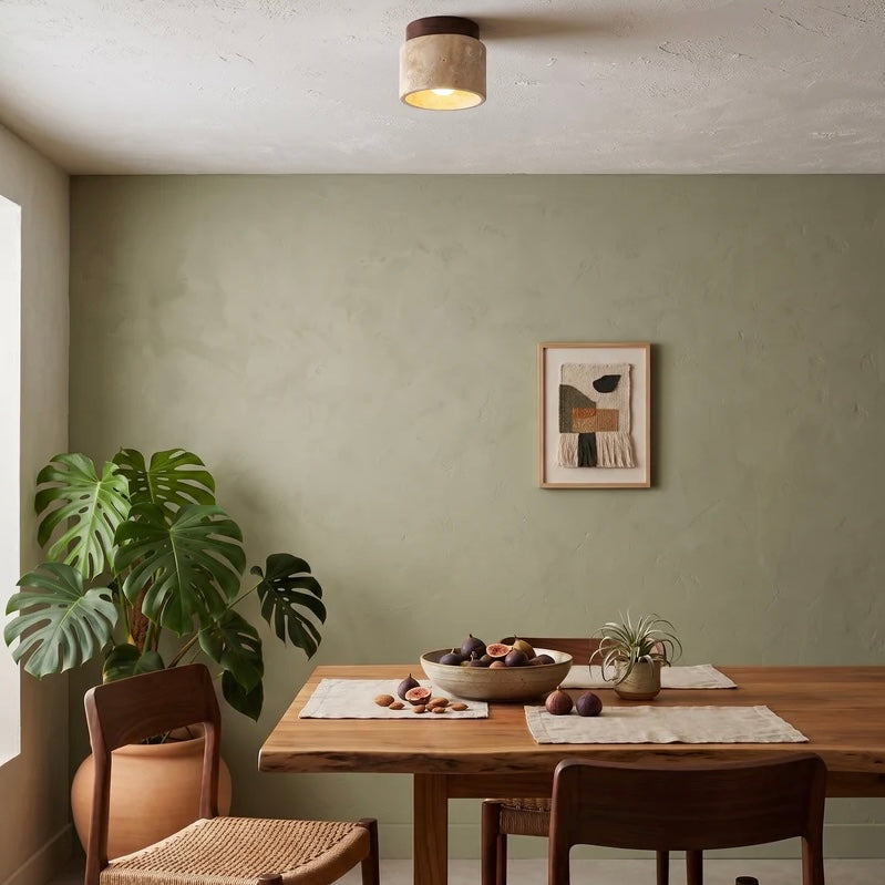 Travertine Stone Ceiling Light with Wood Accent for Indoor Spaces
