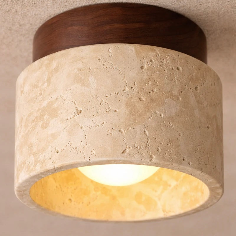 Travertine Stone Ceiling Light with Wood Accent for Indoor Spaces