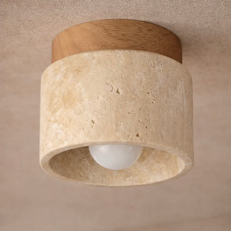 Travertine Stone Ceiling Light with Wood Accent for Indoor Spaces