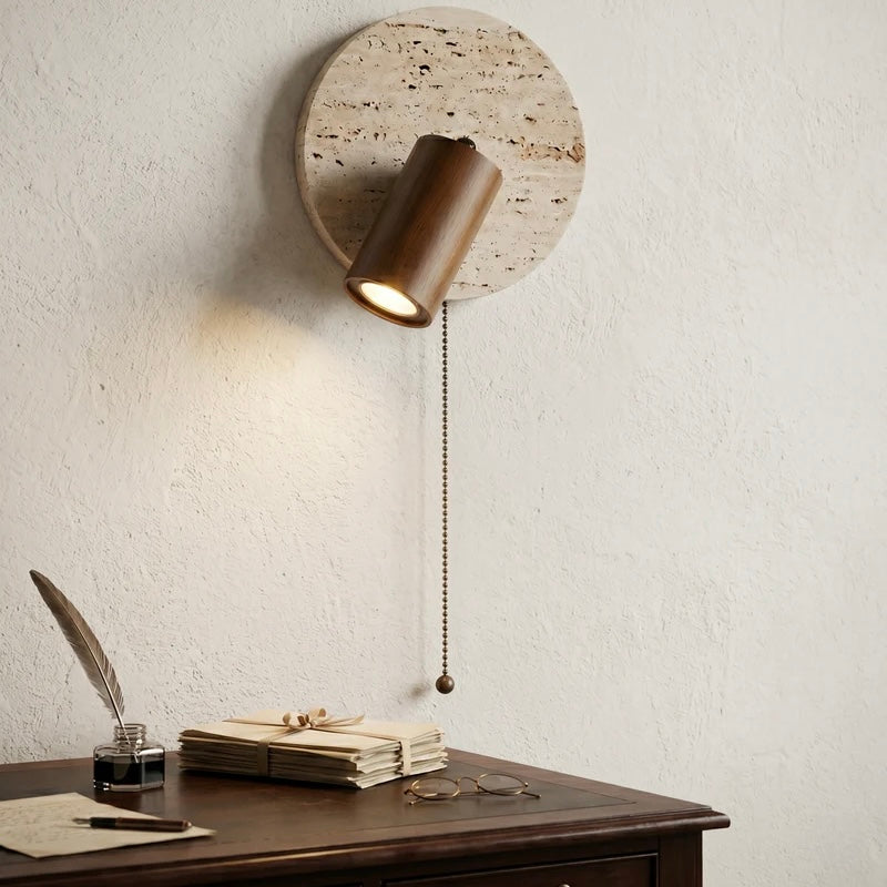 Travertine Wall Light with Wood and Metal Details for Indoor Spaces