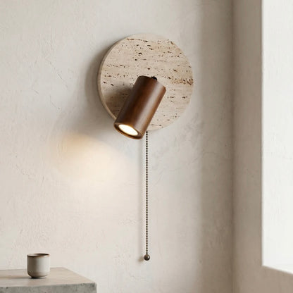 Travertine Wall Light with Wood and Metal Details for Indoor Spaces