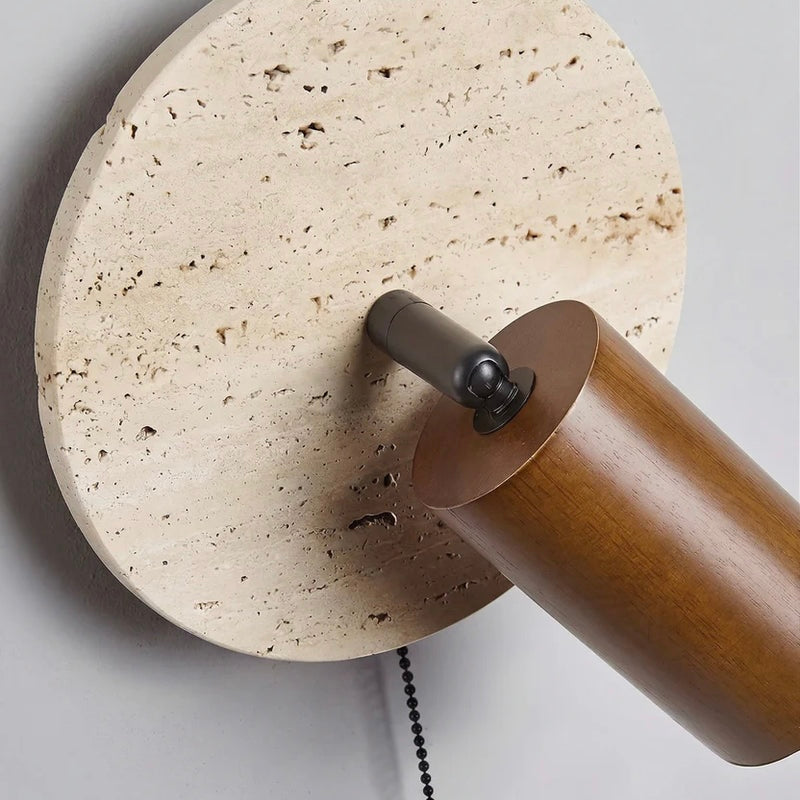 Travertine Wall Light with Wood and Metal Details for Indoor Spaces