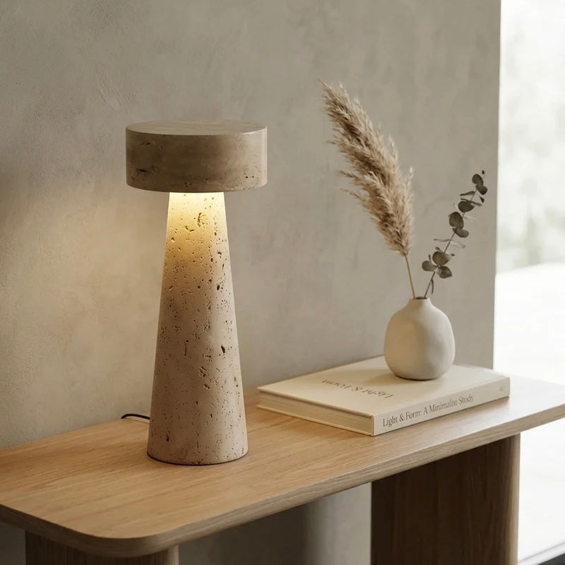 Travertine Stone Table Lamp with Built In LED and Sculptural Design