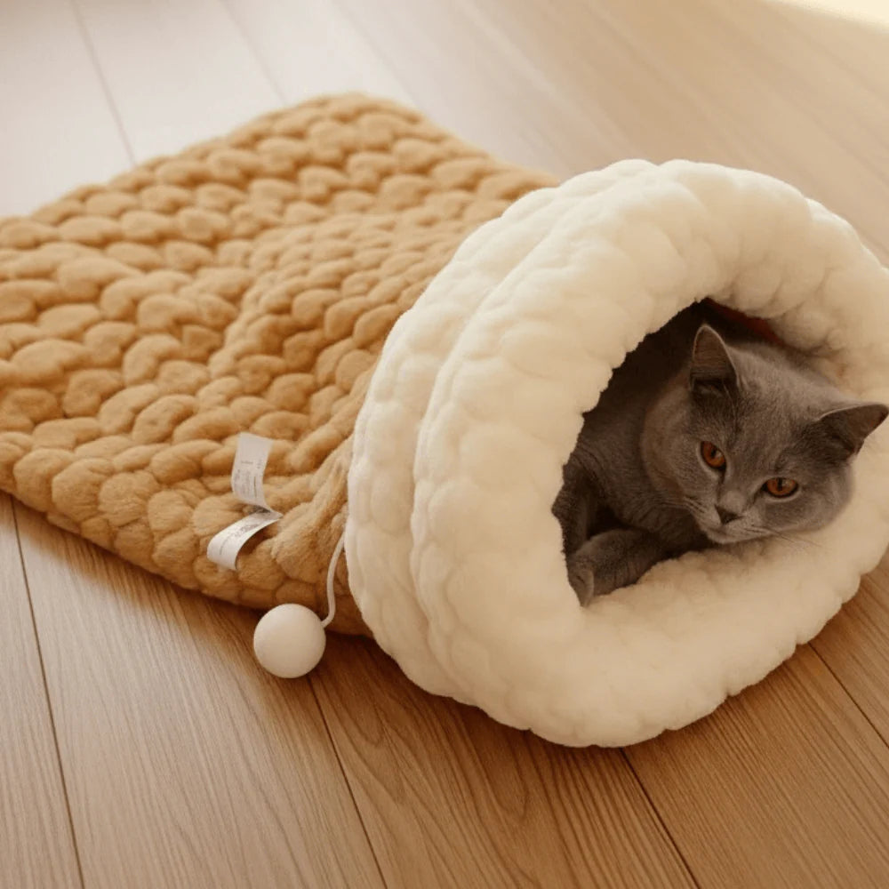 Plush Cat Sleeping Bag with Semi Enclosed Design and Washable Design