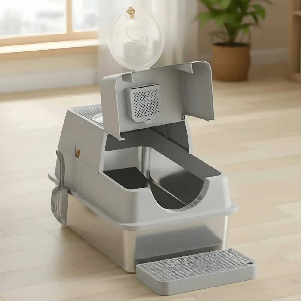 Stainless Steel Litter Box Flip-Top Design