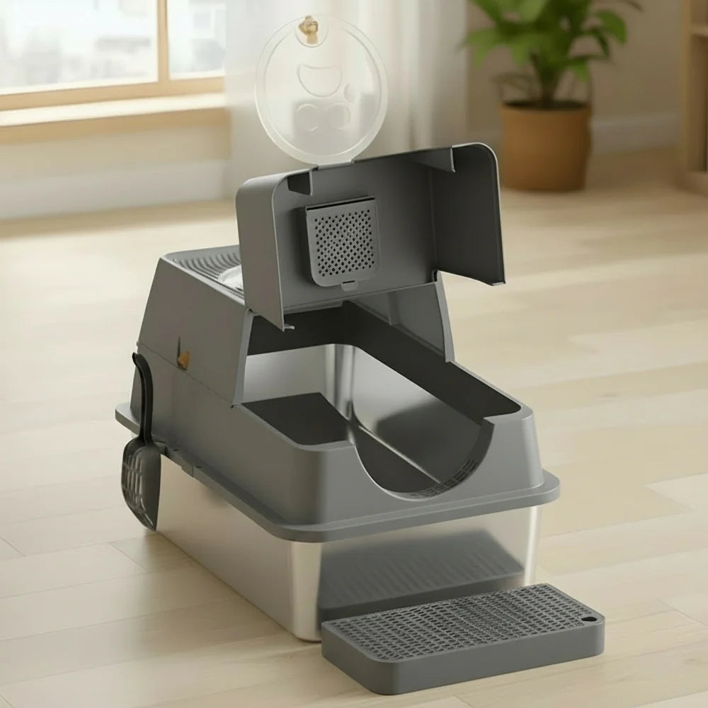 Stainless Steel Litter Box Flip-Top Design