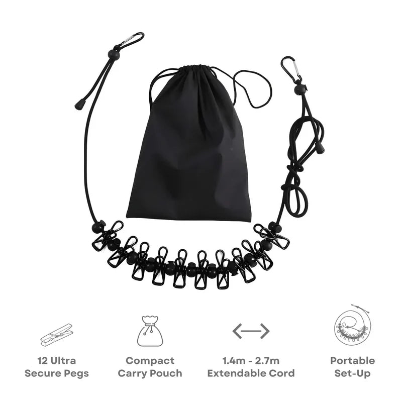 Portable Travel Clothesline with Stretch Cord and Steel Hook Design