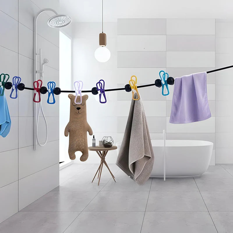 Portable Travel Clothesline with Stretch Cord and Steel Hook Design