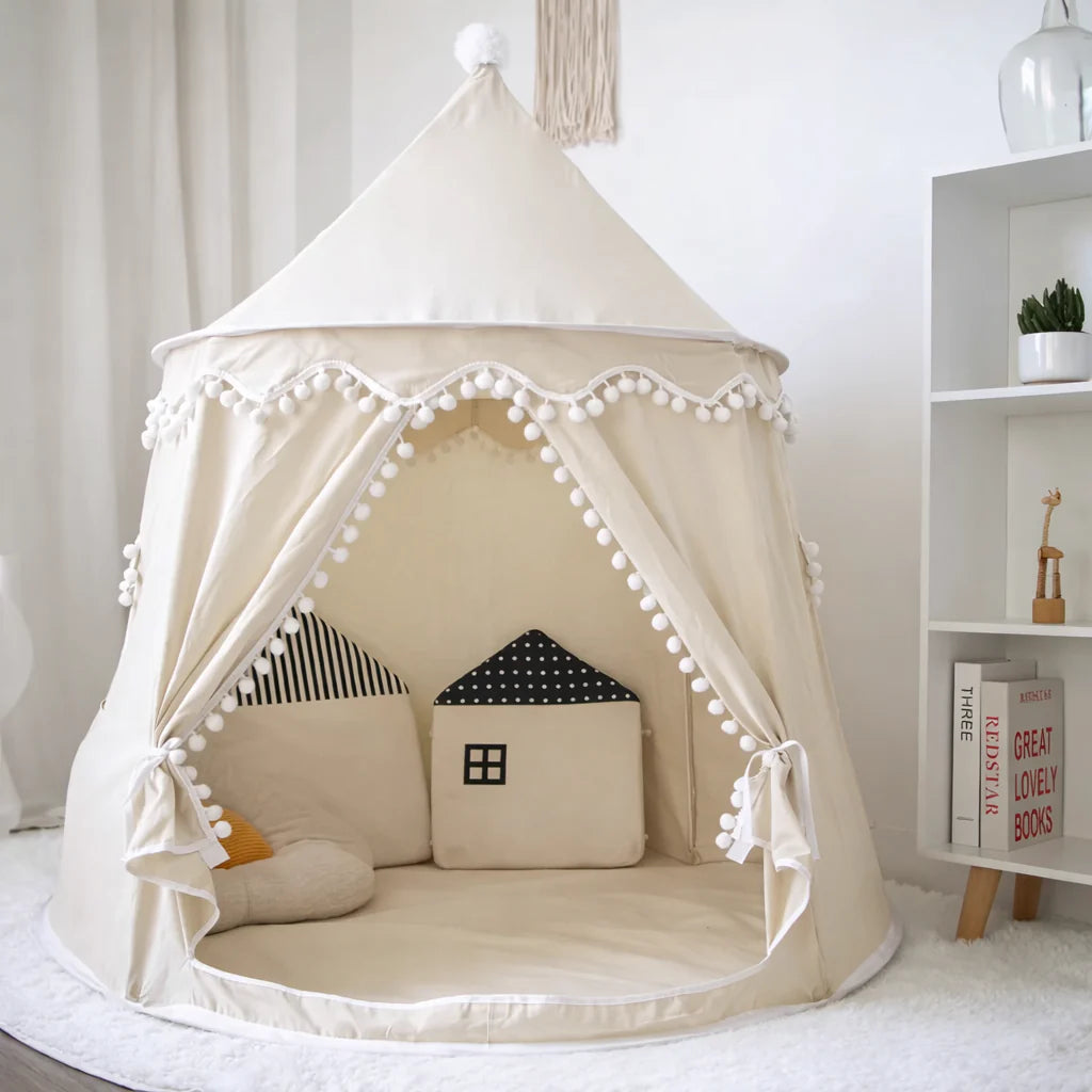 Canvas Play Teepee Tent with Cotton Fabric and Wooden Pole Frame