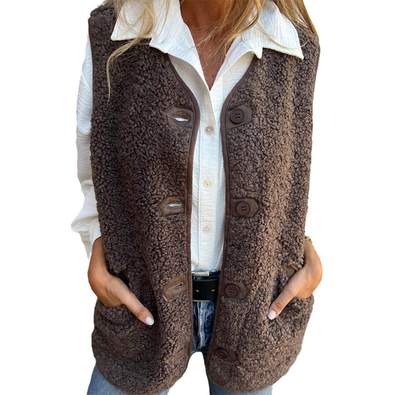 Wool Blend Winter Vest with Button Front for Women, Brown