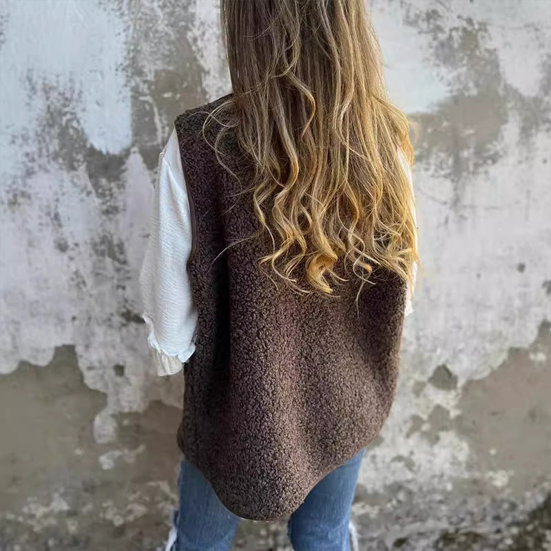 Wool Blend Winter Vest with Button Front for Women, Brown
