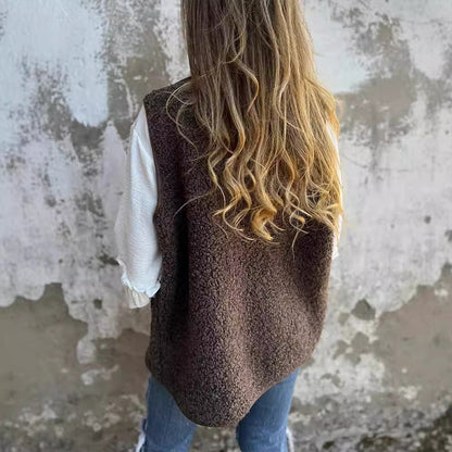 Wool Blend Winter Vest with Button Front for Women, Brown
