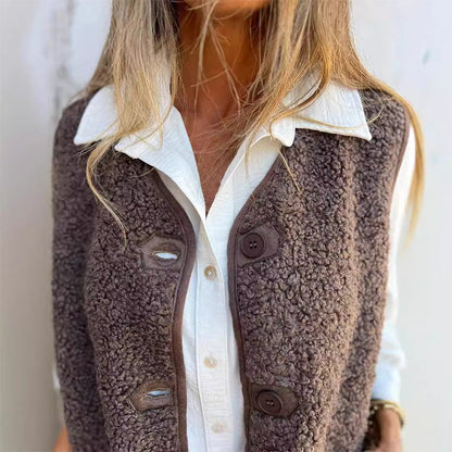 Wool Blend Winter Vest with Button Front for Women, Brown