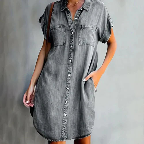 Denim Style Shirt Dress with Button Front and Pockets for Women