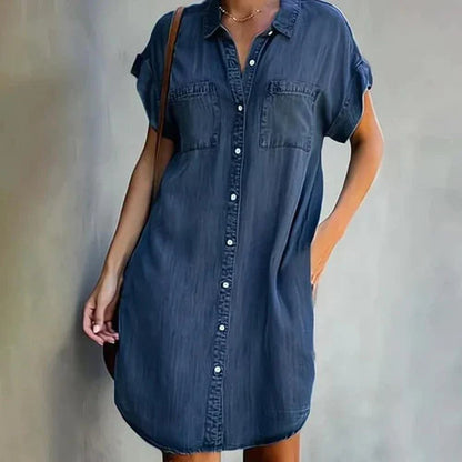 Denim Style Shirt Dress with Button Front and Pockets for Women